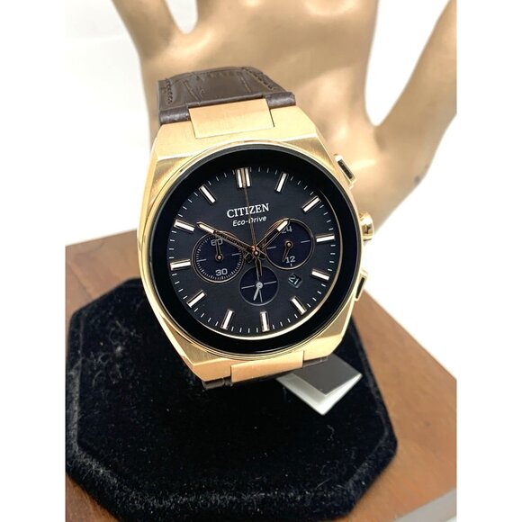 Citizen Mens Watch CA4583-01E Eco Drive Chronograph Rose Gold Brown Leather Band - Picture 14 of 15